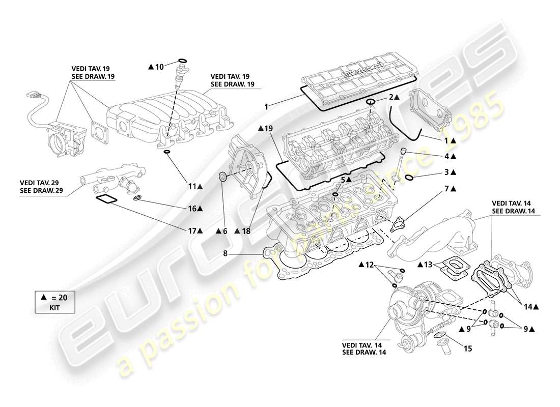 maserati 3200 gt/gta/assetto corsa guarnizioni e paraoli: testa diagramma delle parti