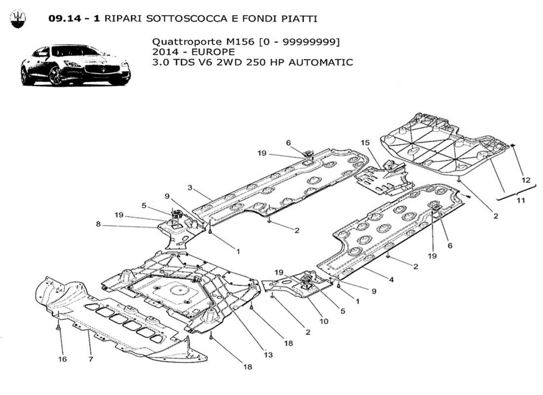 maserati qtp. v6 3.0 tds 250bhp 2014 schema delle parti delle protezioni sottoscocca e sottopavimento