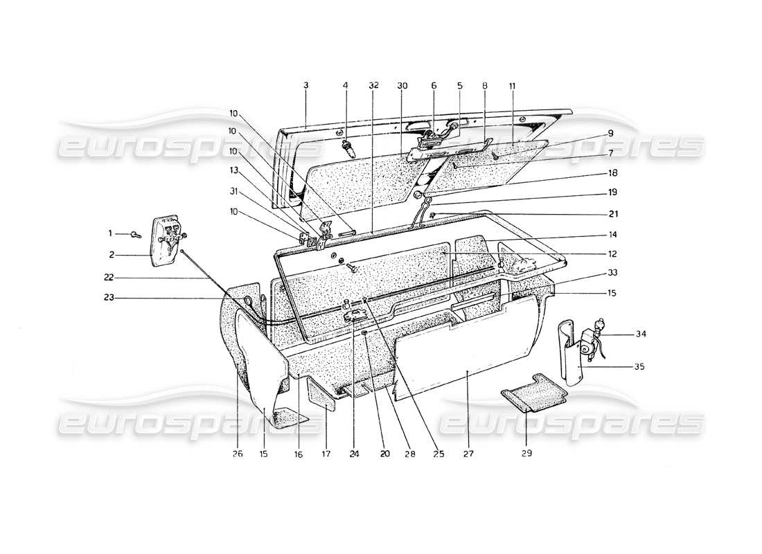 ferrari 308 gt4 dino (1979) diagramma delle parti del coperchio del vano bagagli