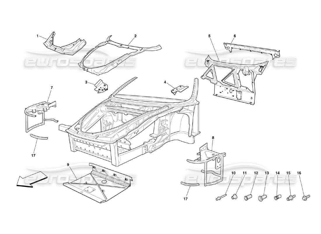 ferrari 360 challenge (2000) telaio: diagramma delle parti complete delle strutture e delle piastre della parte anteriore