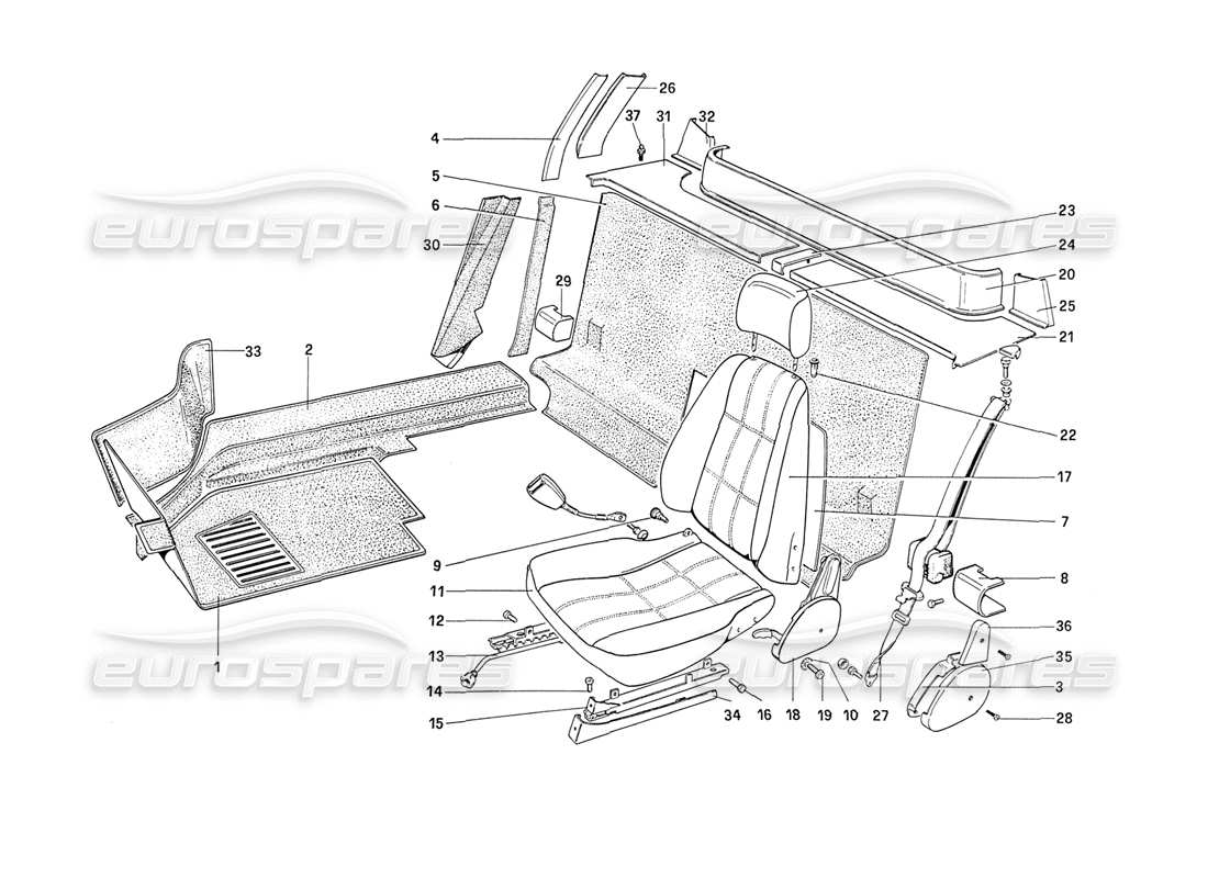 ferrari 208 turbo (1989) schema delle parti di rivestimenti interni, accessori e sedili
