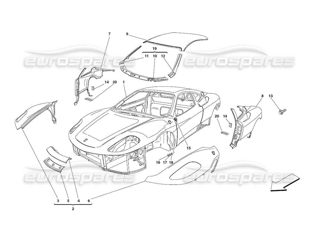 ferrari 430 challenge (2006) carrozzeria: diagramma delle parti delle finiture esterne