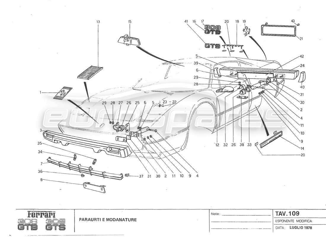 ferrari 308 gtb (1980) diagramma delle parti dei paraurti usa