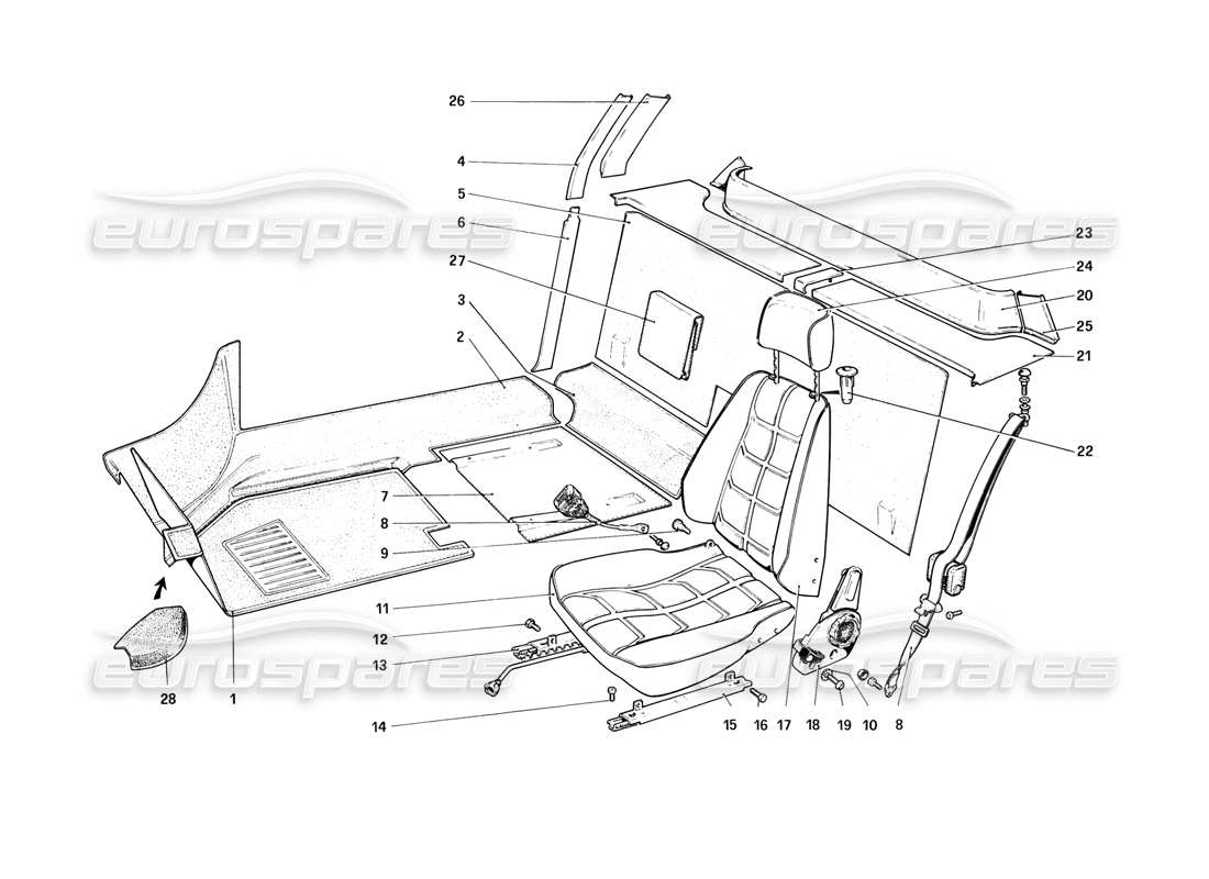 ferrari 308 (1981) gtbi/gtsi schema delle parti di rivestimenti interni, accessori e sedili