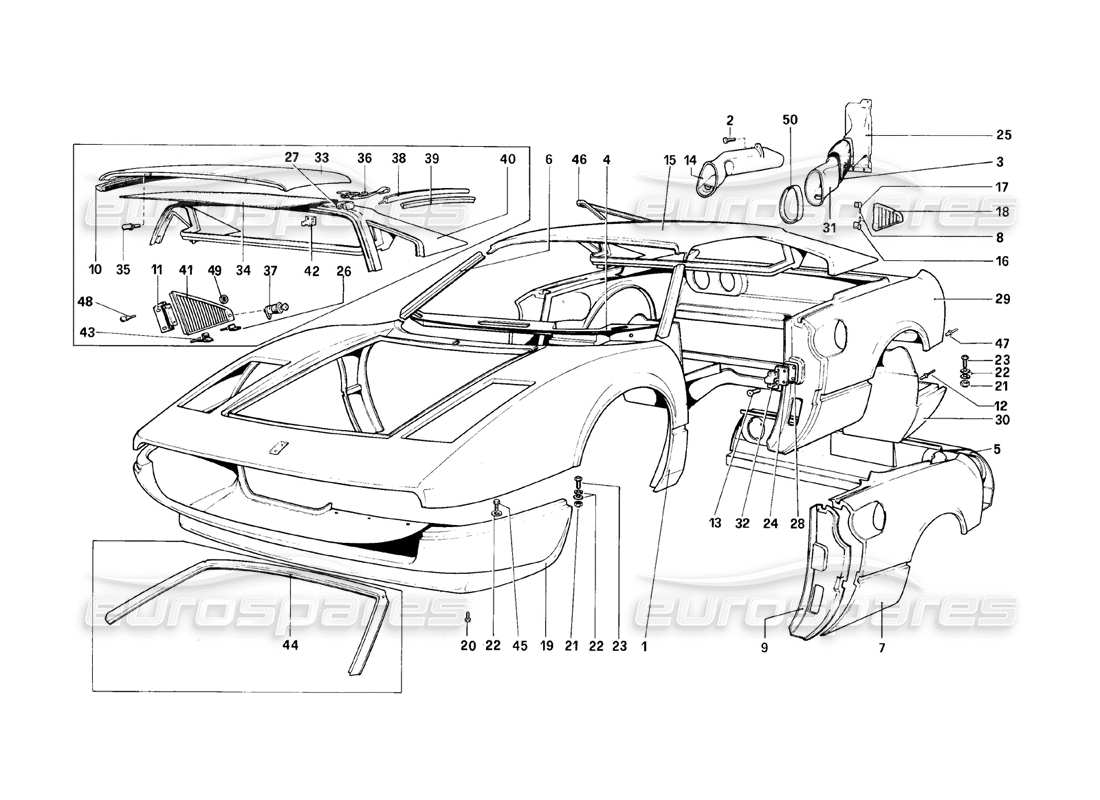 ferrari 308 (1981) gtbi/gtsi scocca - elementi esterni diagramma delle parti