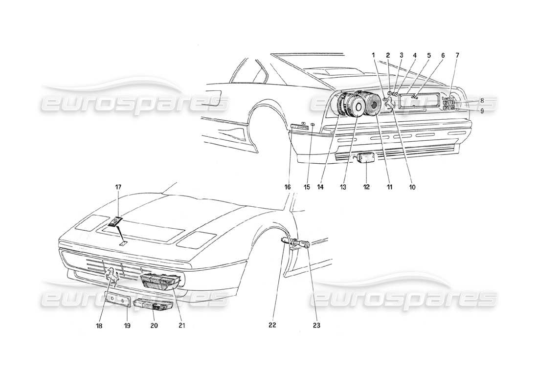 ferrari 208 turbo (1989) diagramma delle luci esterne e delle parti dello stampaggio