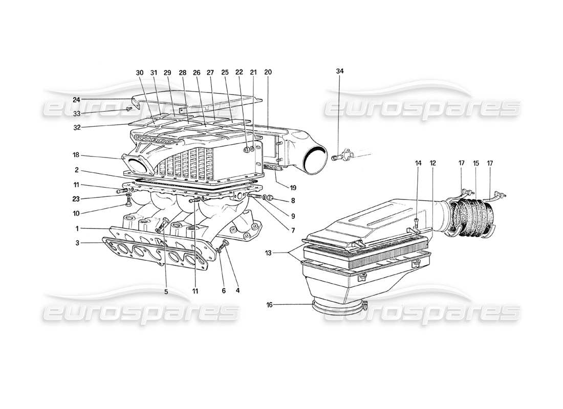 ferrari 208 turbo (1989) aspirazione aria, collettori e scambiatori di calore diagramma delle parti