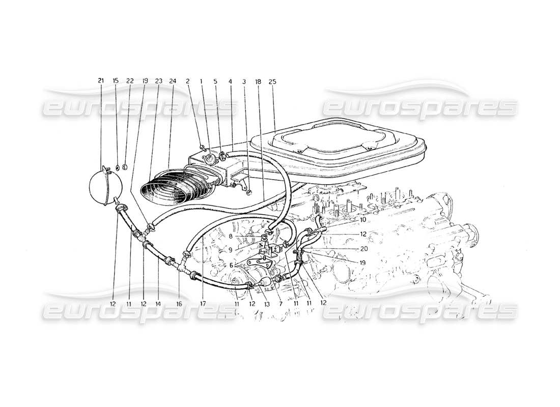 ferrari 308 gt4 dino (1979) diagramma delle parti della valvola e delle linee del filtro dell'aria di aspirazione (varianti per gli usa - versione aus e j).