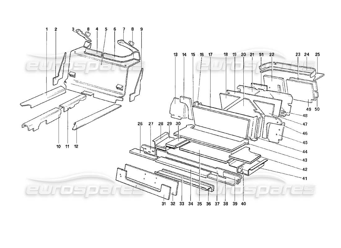 ferrari 208 turbo (1989) bagagli e vano passeggeri. isolamento diagramma delle parti