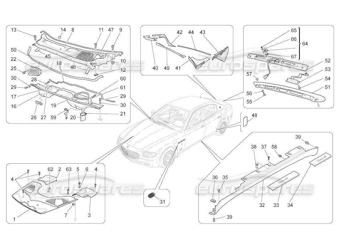 maserati qtp. (2011) 4.7 auto schema delle parti di scudi, finiture e pannelli di copertura