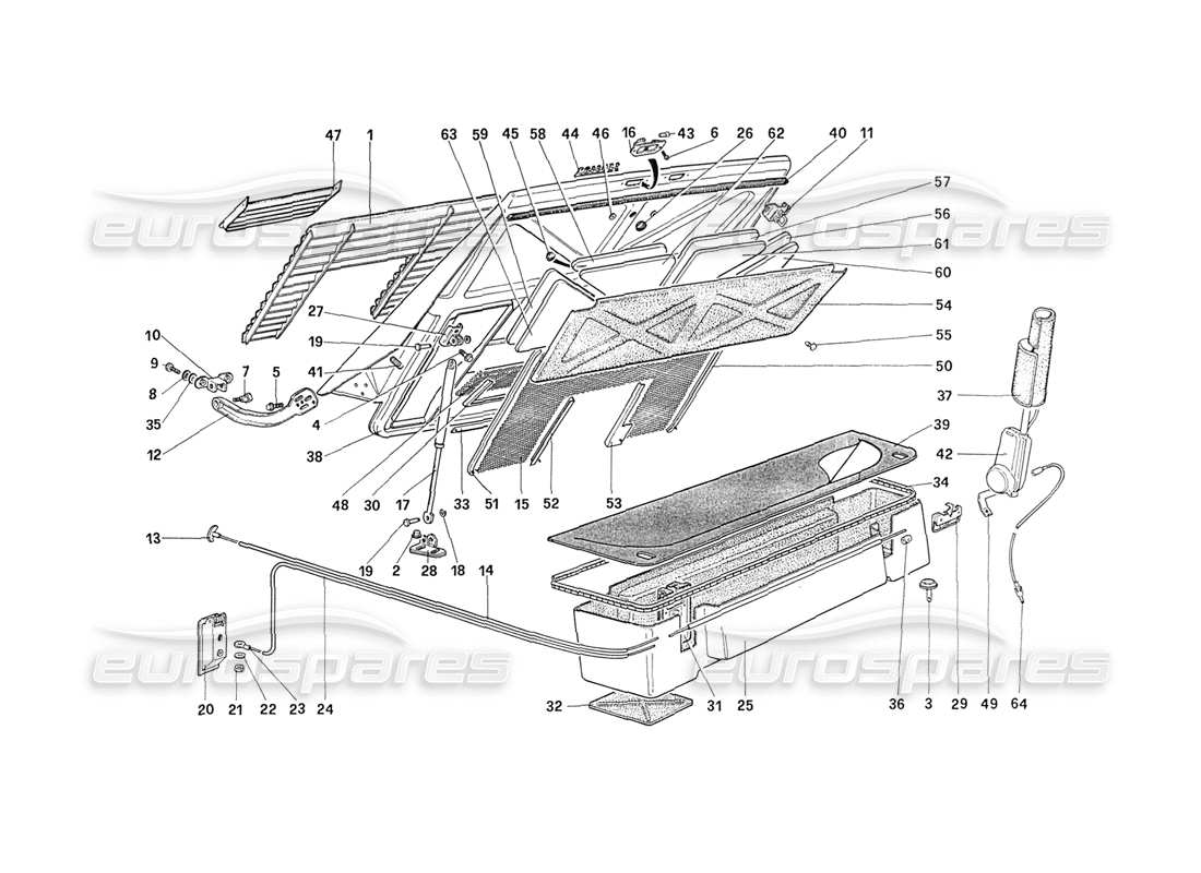 ferrari 208 turbo (1989) copertura del cofano posteriore e del vano bagagli diagramma delle parti