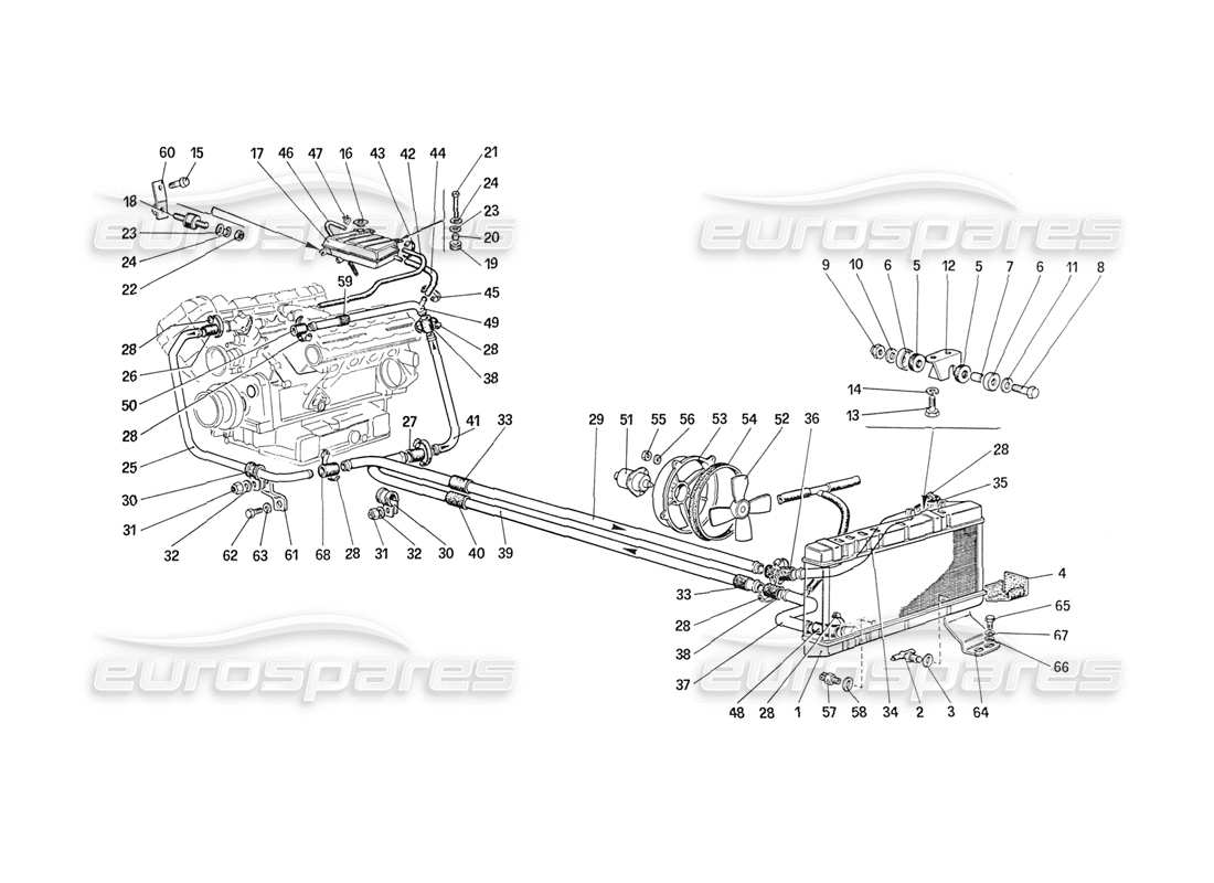 ferrari 208 turbo (1989) schema delle parti del sistema di raffreddamento