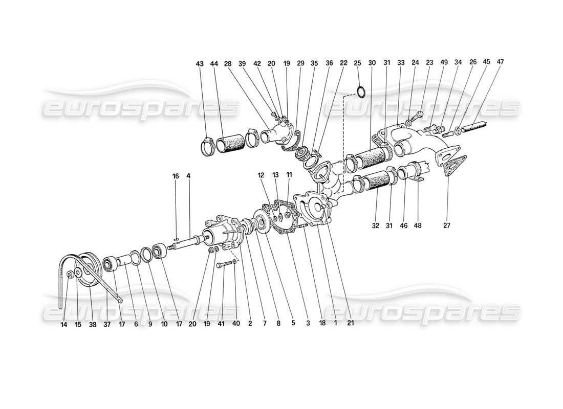 ferrari 208 turbo (1989) pompa dell'acqua e tubazioni diagramma delle parti