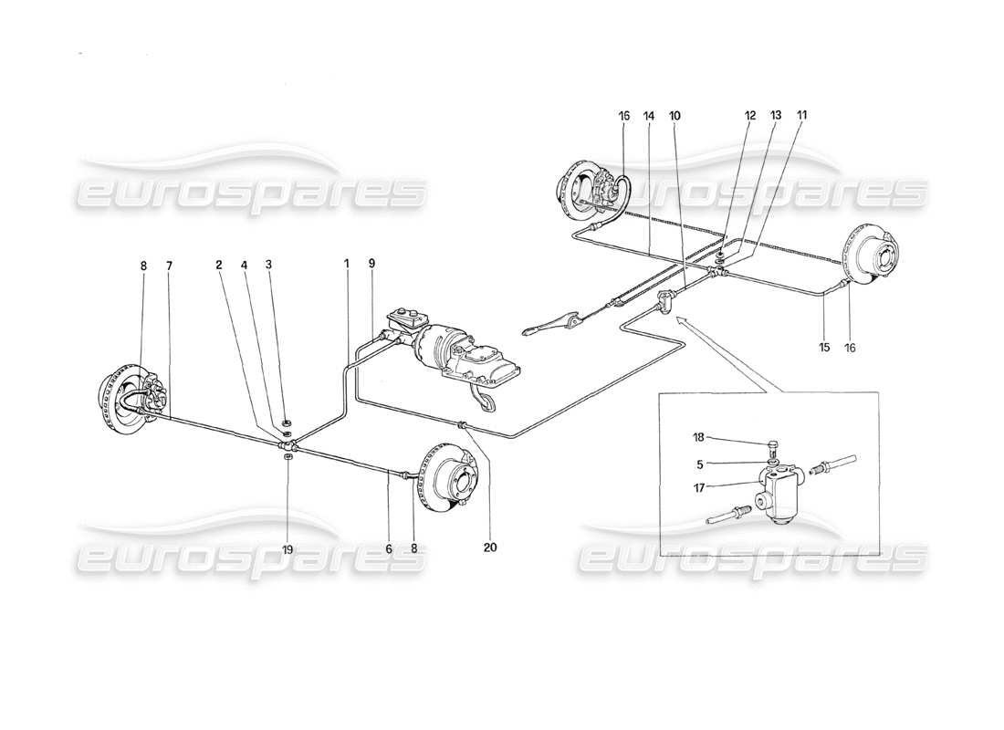 ferrari 208 turbo (1989) schema delle parti del sistema frenante (per auto senza sistema antiscivolo).