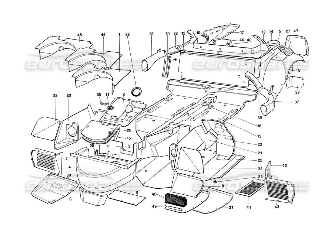 ferrari 208 turbo (1989) scocca - diagramma delle parti degli elementi interni