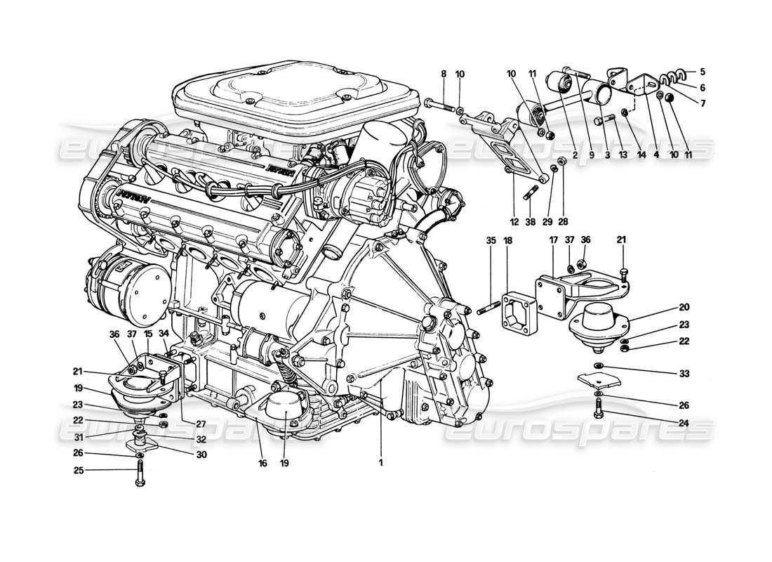 ferrari 308 gtb (1980) motore: diagramma delle parti del cambio e dei supporti