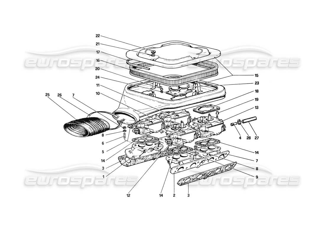 ferrari 308 gtb (1980) schema delle parti di carburatori e filtro dell'aria