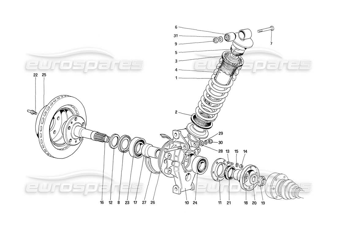 ferrari 208 turbo (1989) sospensione posteriore: ammortizzatore e disco freno (fino all'auto n. 76625) schema delle parti