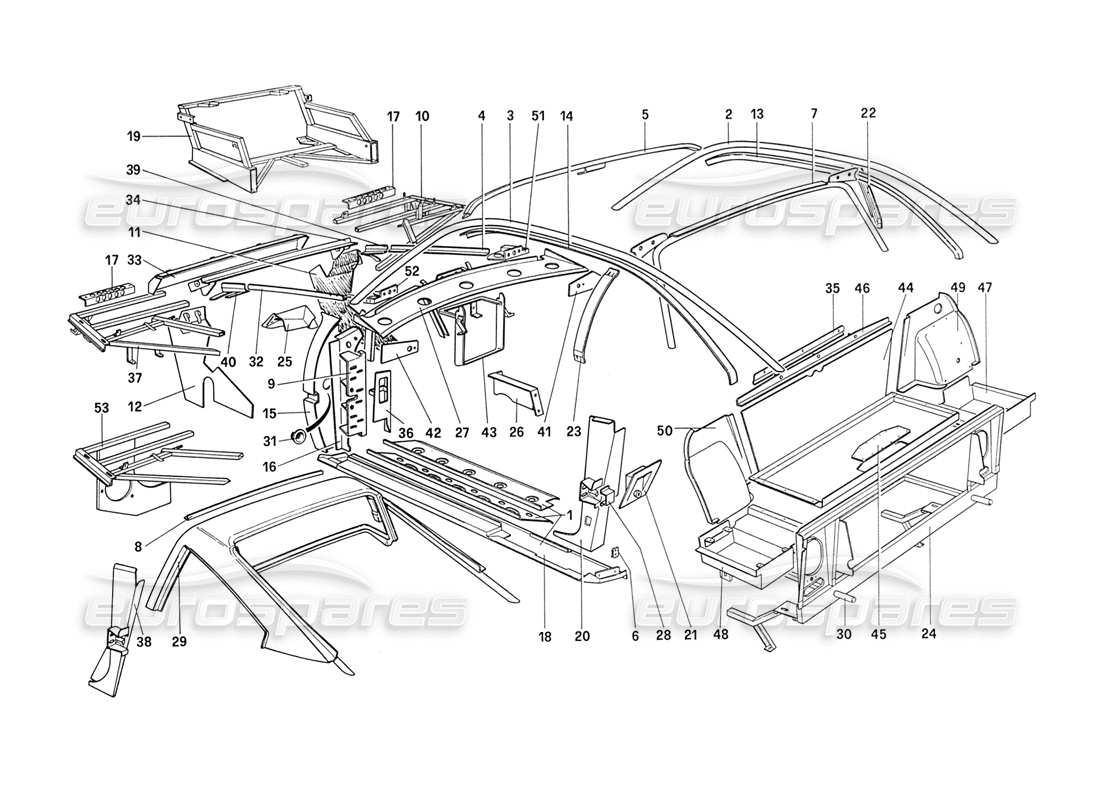 ferrari 208 turbo (1989) scocca - elementi interni diagramma delle parti