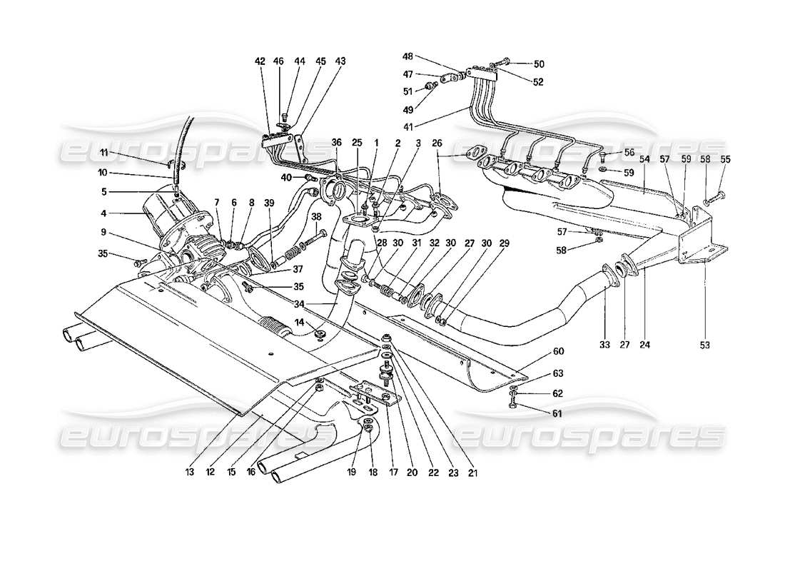 ferrari 208 turbo (1989) impianto di scarico diagramma delle parti