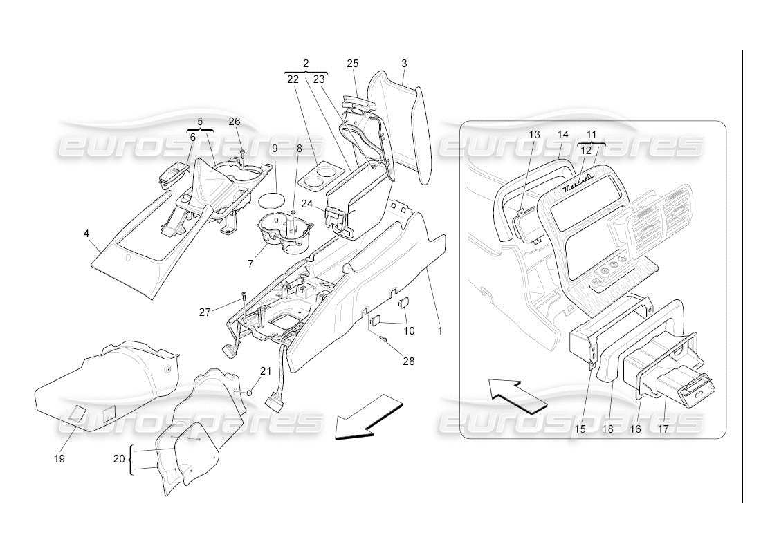 maserati qtp. (2007) 4.2 auto schema delle parti della console accessoria e della console centrale