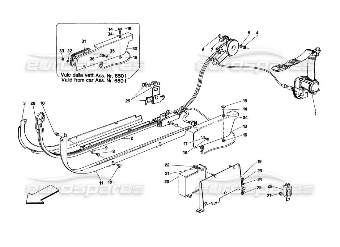 ferrari 348 (1993) tb / ts sistema di cinture di sicurezza passive diagramma delle parti