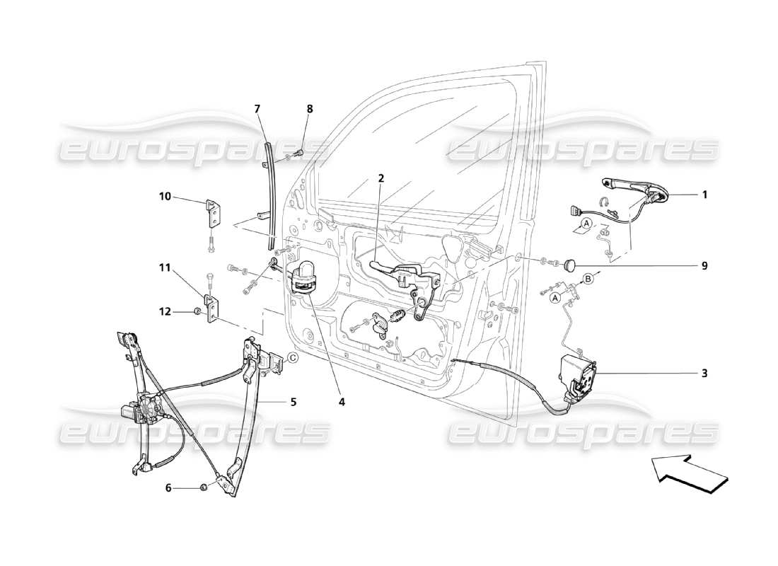 maserati qtp. (2003) 4.2 porte anteriori: diagramma delle parti dei dispositivi di movimento