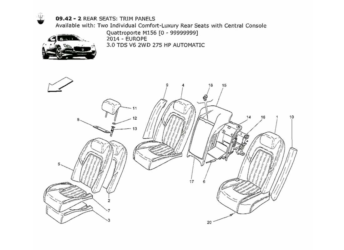 maserati qtp. v6 3.0 tds 275bhp 2014 sedili posteriori: schema delle parti dei pannelli di rivestimento