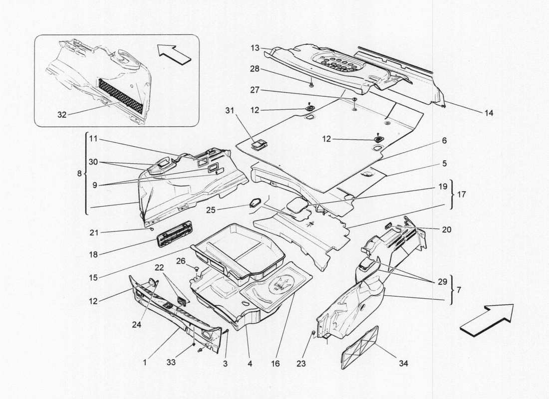 maserati qtp. v6 3.0 tds 275bhp 2017 diagramma delle parti dei tappetini del vano bagagli