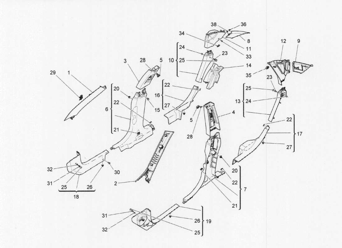 maserati qtp. v6 3.0 tds 275bhp 2017 schema delle parti dei pannelli di rivestimento del montante b e dei pannelli laterali dell'abitacolo