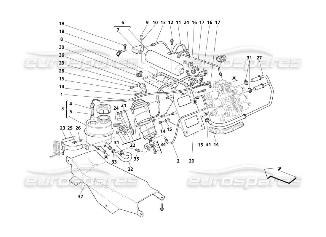 maserati qtp. (2003) 4.2 impianto idraulico di controllo del cambio: diagramma delle parti del serbatoio e della pompa
