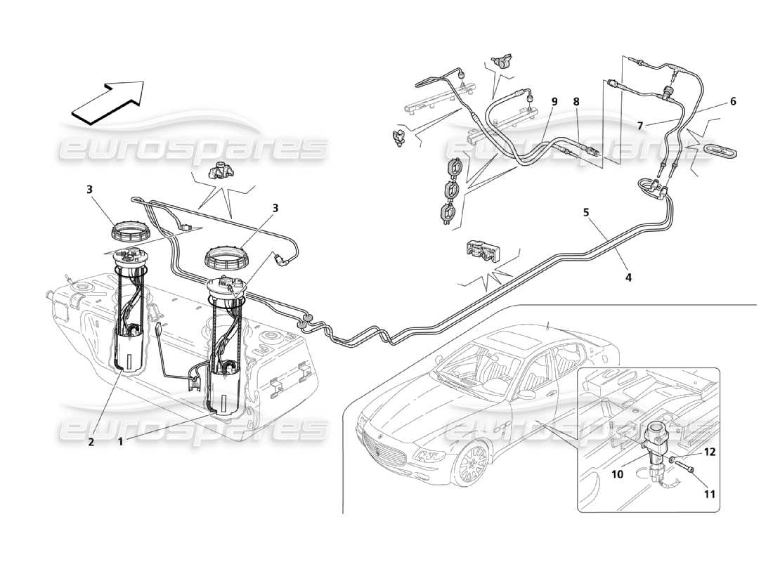 maserati qtp. (2003) 4.2 diagramma delle parti delle pompe e dei tubi del carburante