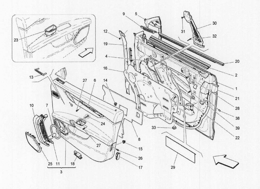 maserati qtp. v6 3.0 bt 410bhp 2wd 2017 porte anteriori: diagramma delle parti dei pannelli di rivestimento