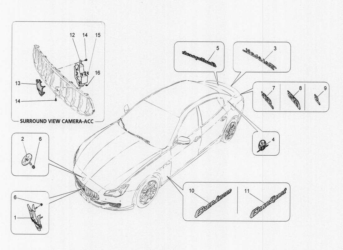 maserati qtp. v6 3.0 tds 275bhp 2017 diagramma delle parti di finiture, marchi e simboli