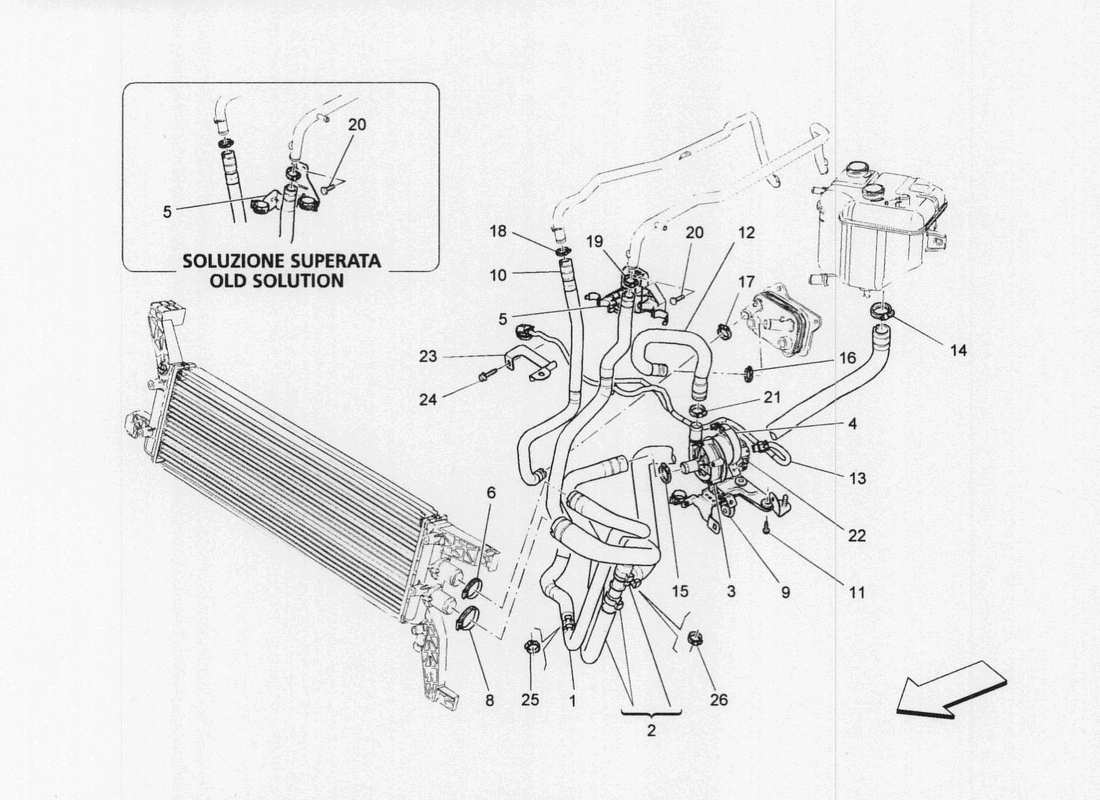 maserati qtp. v6 3.0 bt 410bhp 2wd 2017 sistema di raffreddamento: diagramma delle parti di nourice e linee