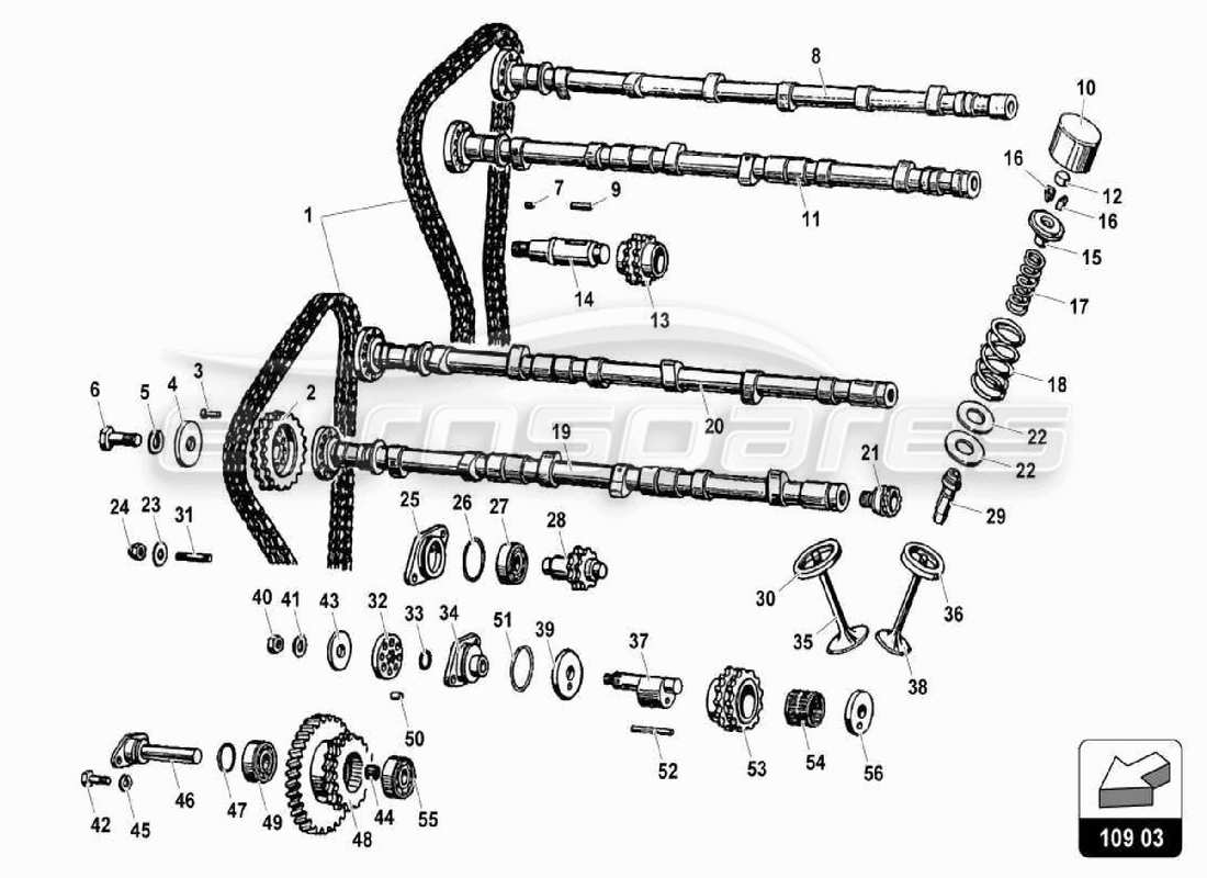 lamborghini miura p400s sistema di cronometraggio della testa diagramma delle parti