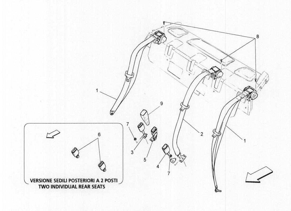 maserati qtp. v6 3.0 bt 410bhp 2wd 2017 diagramma delle parti delle cinture di sicurezza posteriori