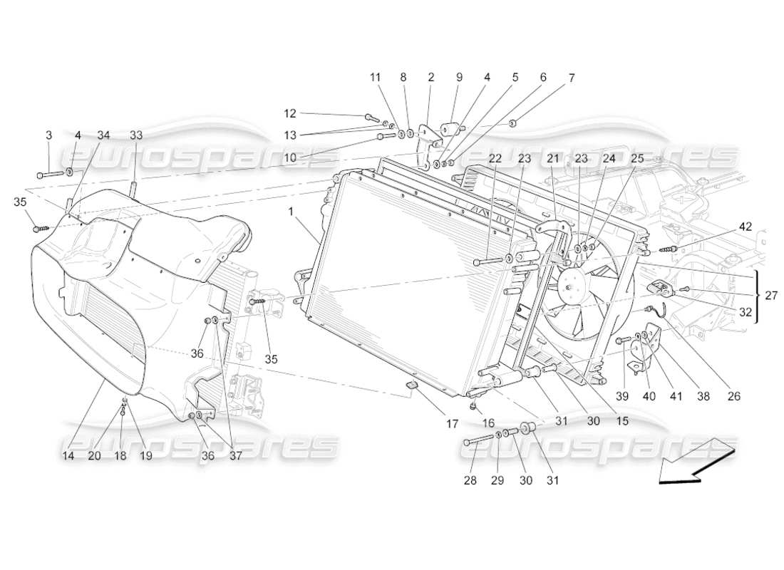 maserati grancabrio (2011) 4.7 raffreddamento: diagramma delle parti dei radiatori dell'aria e dei condotti