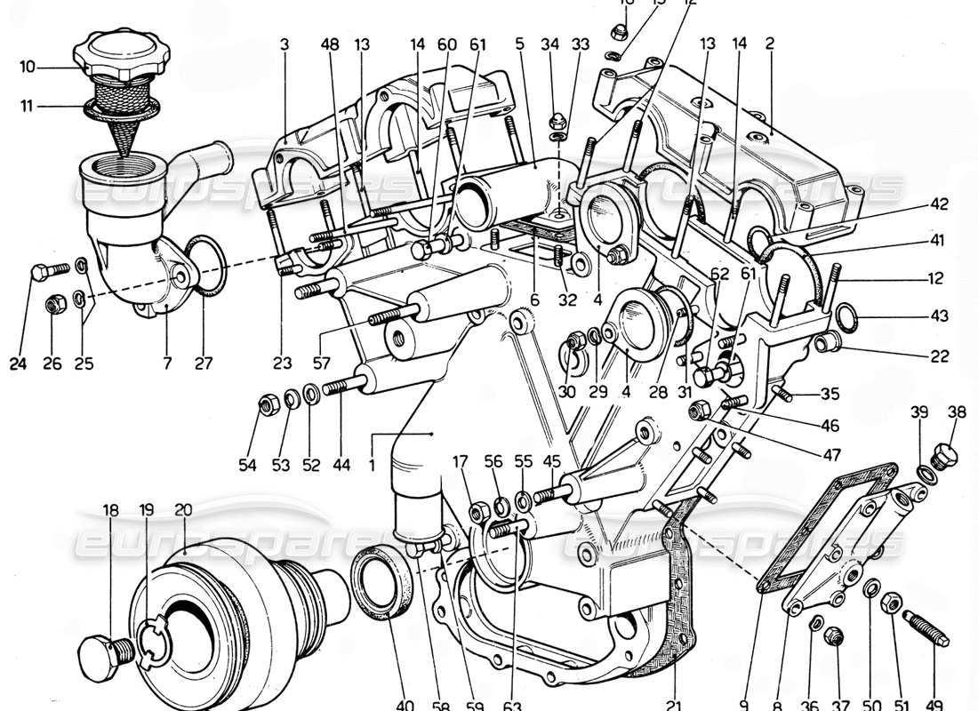 ferrari 365 gtc4 (mechanical) schema delle parti della copertura del torace della distribuzione