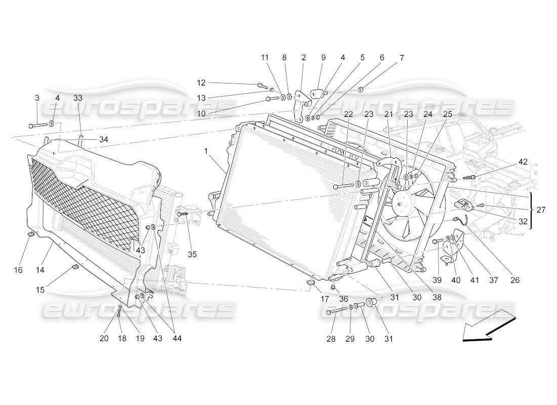 maserati qtp. (2011) 4.7 auto raffreddamento: diagramma delle parti dei radiatori dell'aria e dei condotti