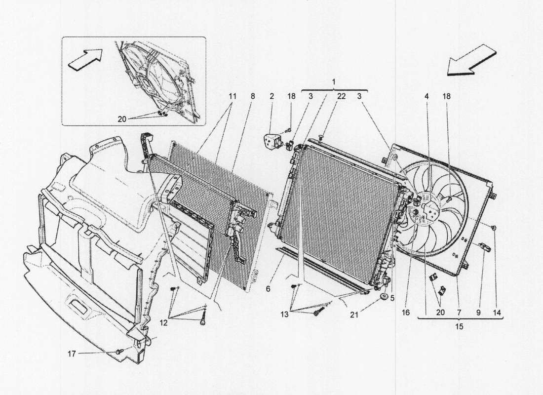 maserati qtp. v6 3.0 bt 410bhp 2wd 2017 raffreddamento: diagramma delle parti dei radiatori dell'aria e dei condotti