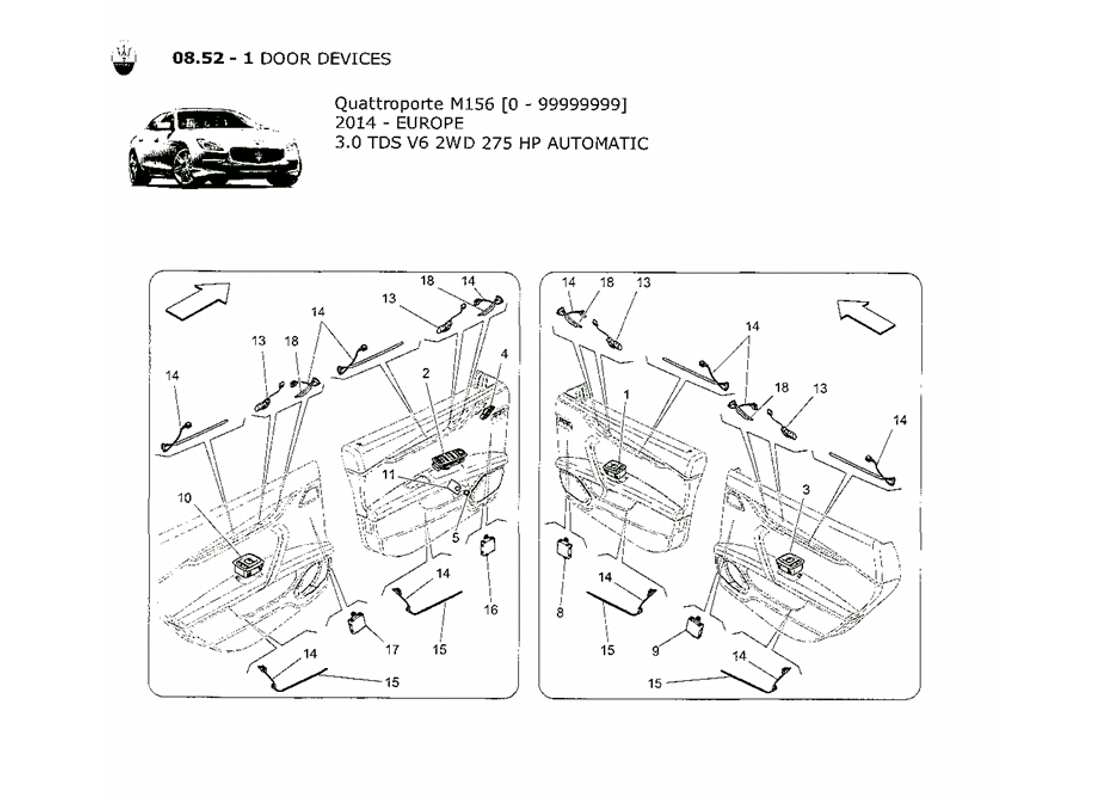 maserati qtp. v6 3.0 tds 275bhp 2014 diagramma delle parti dei dispositivi per porte