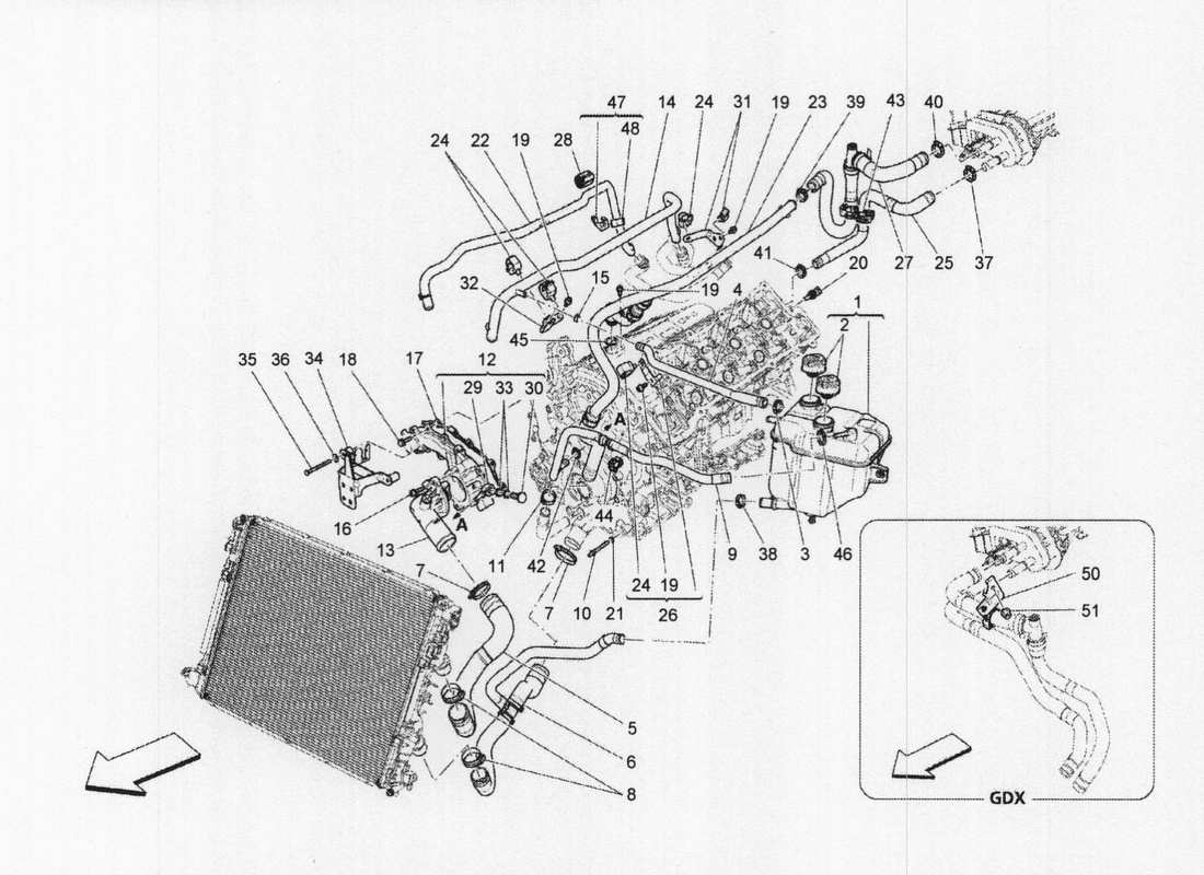 maserati qtp. v6 3.0 bt 410bhp 2wd 2017 sistema di raffreddamento: diagramma delle parti di nourice e linee