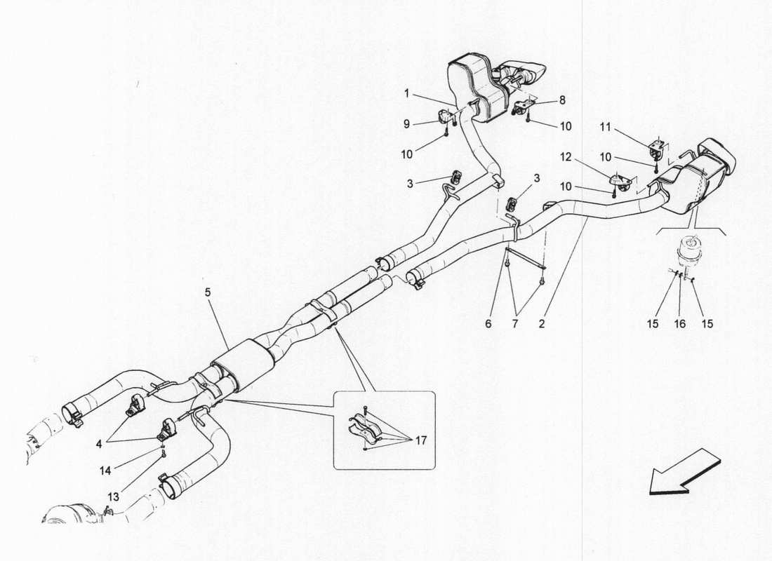 maserati qtp. v6 3.0 bt 410bhp 2wd 2017 diagramma delle parti dei silenziatori