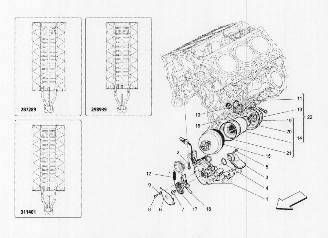 maserati qtp. v6 3.0 bt 410bhp 2wd 2017 sistema di lubrificazione: diagramma delle parti di pompa e filtro