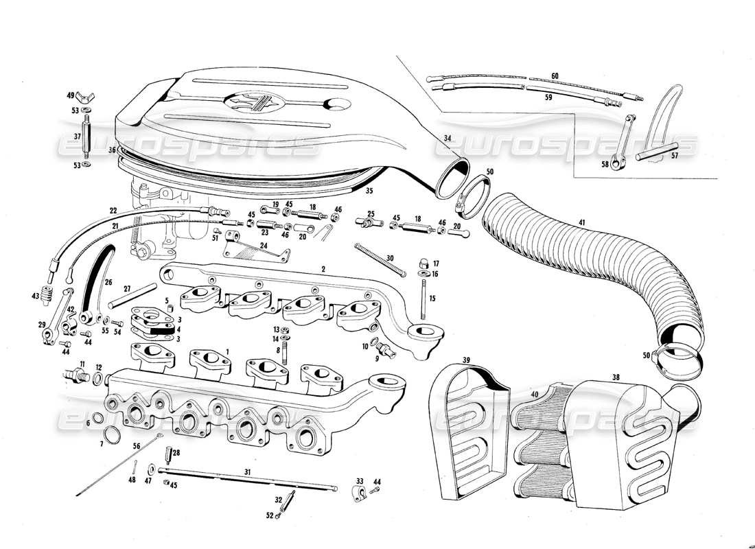 maserati qtp.v8 4.7 (s1 & s2) 1967 diagramma delle parti del collettore di aspirazione dell'aria e del filtro