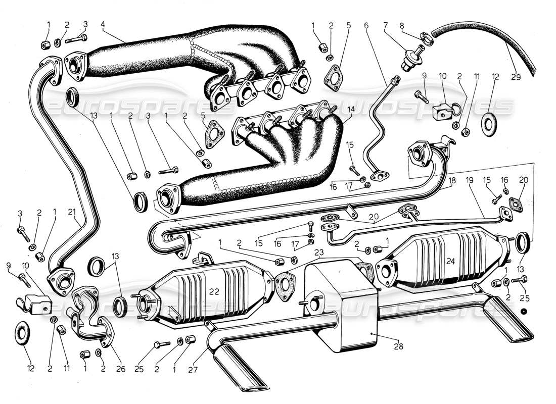 lamborghini jalpa 3.5 (1984) diagramma delle parti dei tubi di scarico (valido per gli usa - maggio 1985).