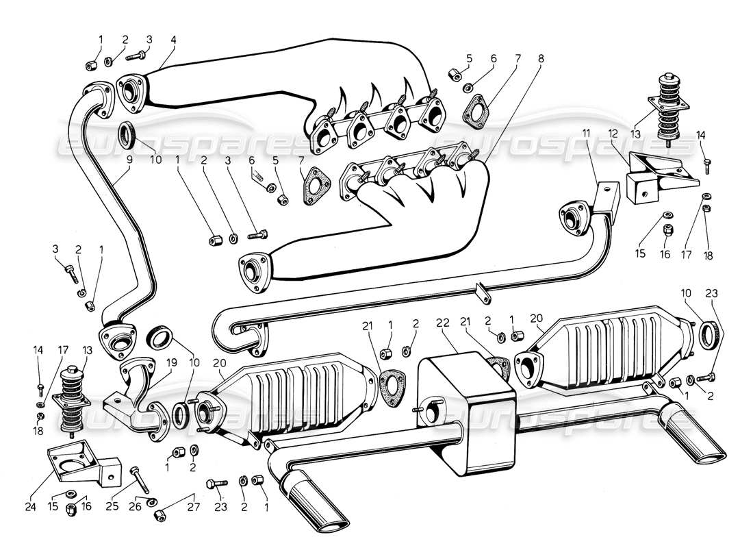 lamborghini jalpa 3.5 (1984) diagramma delle parti dei tubi di scarico (valido per gli usa - maggio 1985).