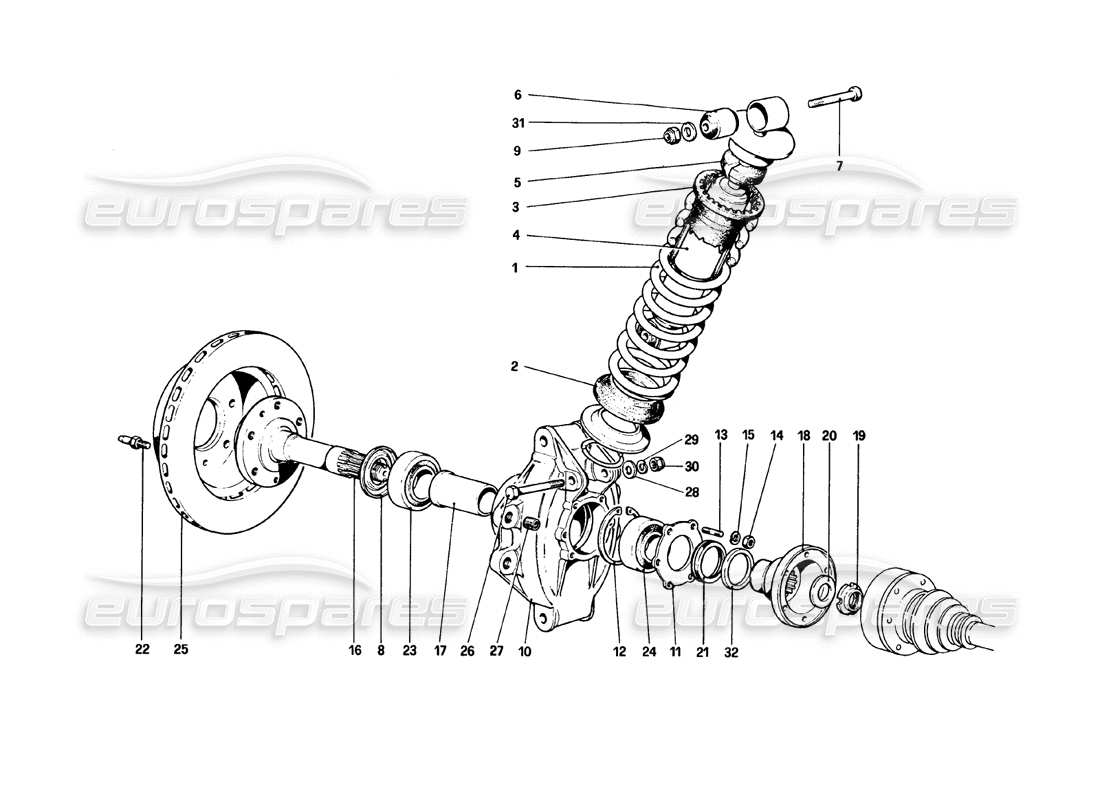 ferrari 308 gtb (1980) sospensione posteriore: ammortizzatore e disco freno diagramma delle parti