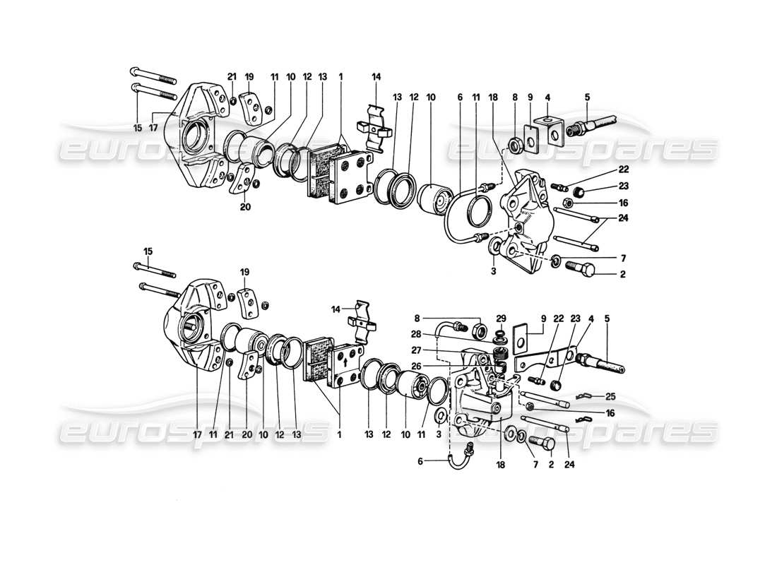 ferrari 308 gtb (1980) schema delle parti delle pinze dei freni anteriori e posteriori